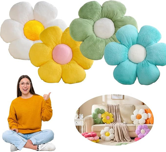 CANGHI Flower Pillows Flower Shaped Throw Pillow Cute Daisy Pillows Seating Cushions for Adults Kids Home Bedroom Sofa Chair Couch Decor (4pcs White/Yellow/Grren/Blue, 15.74 inch)