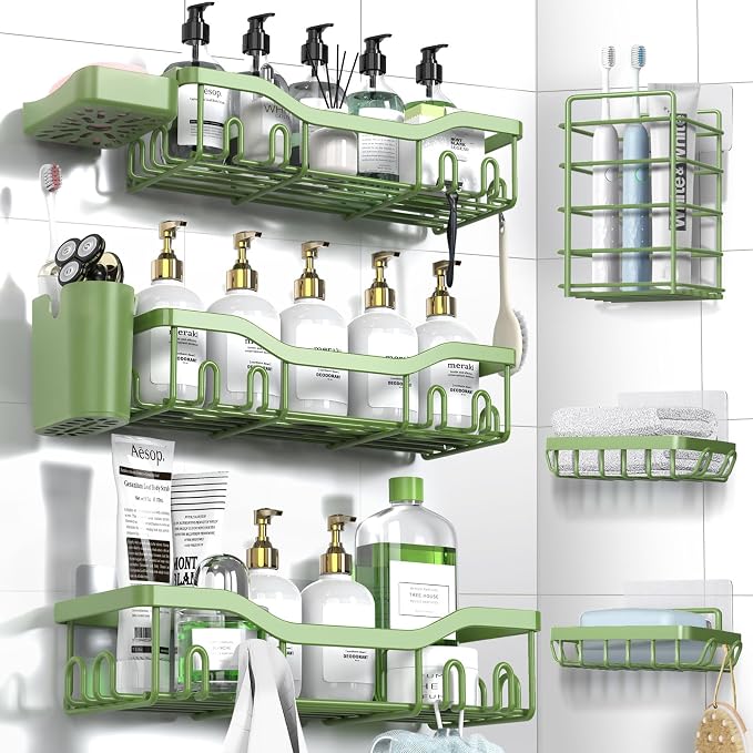 NESOMI Shower Caddy Adhesive Shower Organizer 8-Pack, Rustproof Stainless Steel Bathroom Shelves, Large Capacity No-Drill Rack Storage Accessories with Soap Dish Toothbrush Holder Hooks by OrganizeYourHomeEssentials