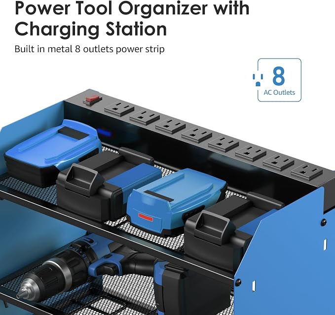 CCCEI Modular Power Tool Organizer Wall Mount with Charging Station. Garage Drill Storage Shelf with Hooks, Heavy Duty Rack, Tool Battery Holder Built in 8 Outlet. Gift for Men. Blue, 1 Pack. - Image 2