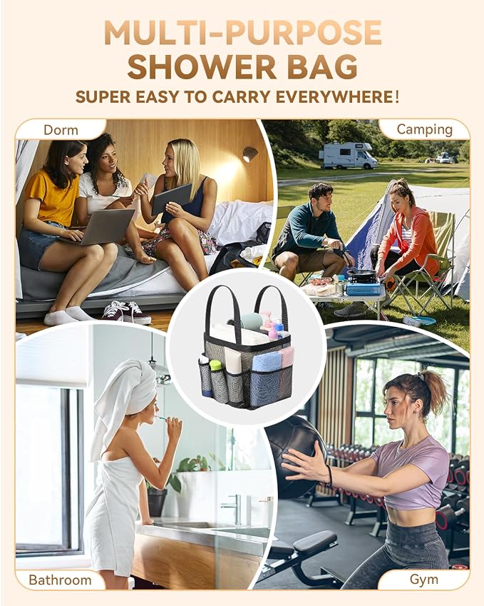 Temede Mesh Shower Caddy Tote, Large Shower Caddy Basket Portable, Quick Dry Hanging Toiletry Bag, 8 Storage Pocket Handle Bath Organizer for College Dorm, Gym, Camp, Travel - Image 6