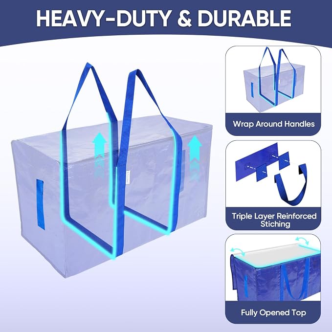 TICONN 6 Pack Extra Large Moving Bags Heavy Duty with Zippers & Carrying Handles, Durable Storage Bags Moving Boxes for Closet Organizers and Storage (6 Pack, Blue) - Image 3
