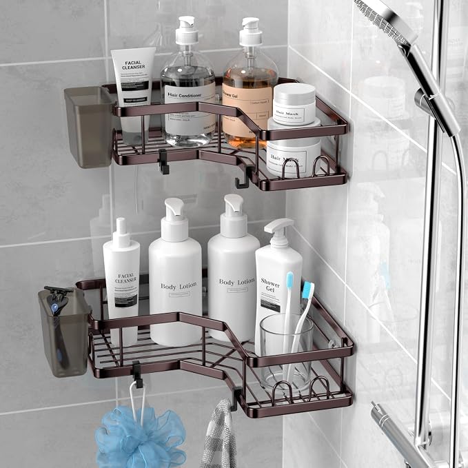 AKTECKE Shower Caddy Corner Organizer: 2Pack Adhesive Shower Shelf Essentials - No Drilling Stainless Steel Bathroom Storage Rack with Hooks and Toothpaste Holder - Shower Accessories - Image 2