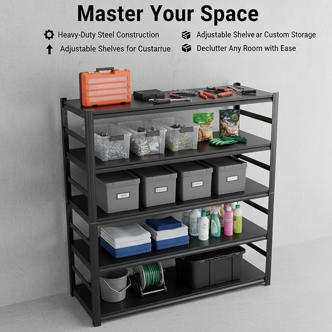 48" W Garage Shelving,5 Tier Heavy Duty Shelving,Garage Storage Shelves, 3300 lbs Capacity, Industrial Shelves for Heavy Tools and Equipment, Ideal for Garage, Basement, Black - Image 9