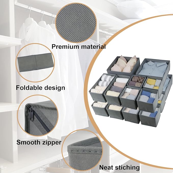Fordonral 16 Pack Drawer Organizer Clothes, Foldable Fabric Dresser Organizer Closet Organizers and Storage Box for Underwear,Folded Clothes,Baby Clothing,Socks,Bra,Towels,Ties(Gray) - Image 4