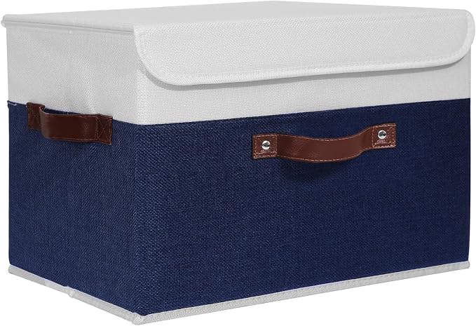 ANMINY Storage Boxes with Lids Washable Decorative Storage Bins Basket with PU Leather Handle Foldable Linen Fabric Storage Cubes Containers for Home Closet Organizer - Deep Blue White, Large Size by ANMINY