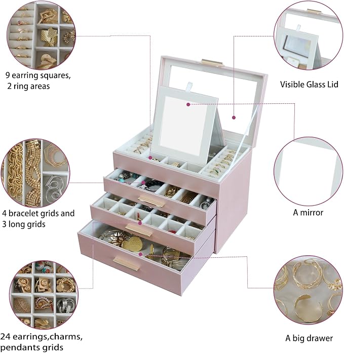 BOOVO Jewelry Boxes for Women, White and Black 6 Layer Large Jewelry Box for Necklace, Bracelet, Earrings, Rings Storage, Jewelry holder Organizer for Girls Gift (Rose gold, 4 layer) - Image 5