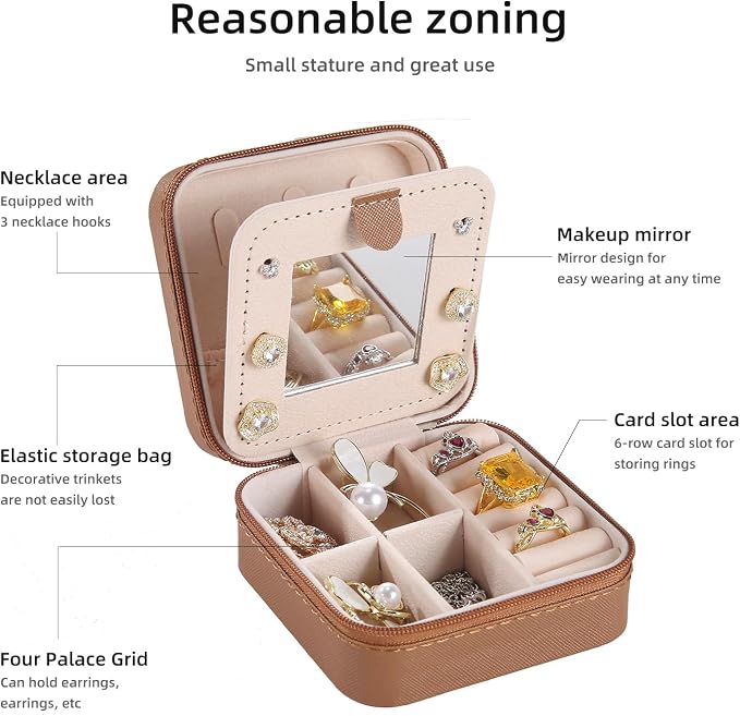 KElofoN Travel jewelry case Travel jewelry box Travel Jewelry Organizer Small Jewelry Organizer Box Gift for Girls Women with Mirror(Coffee) - Image 3