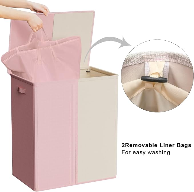 WOWLIVE Double Laundry Baseket with Lid and Removable Laundry Bags,154L Large Laundry Hamper 2 Section Collapsible Dirty Clothes Hamper for Laundry Room,College Dorm,Bathroom,Pink and Beige - Image 4