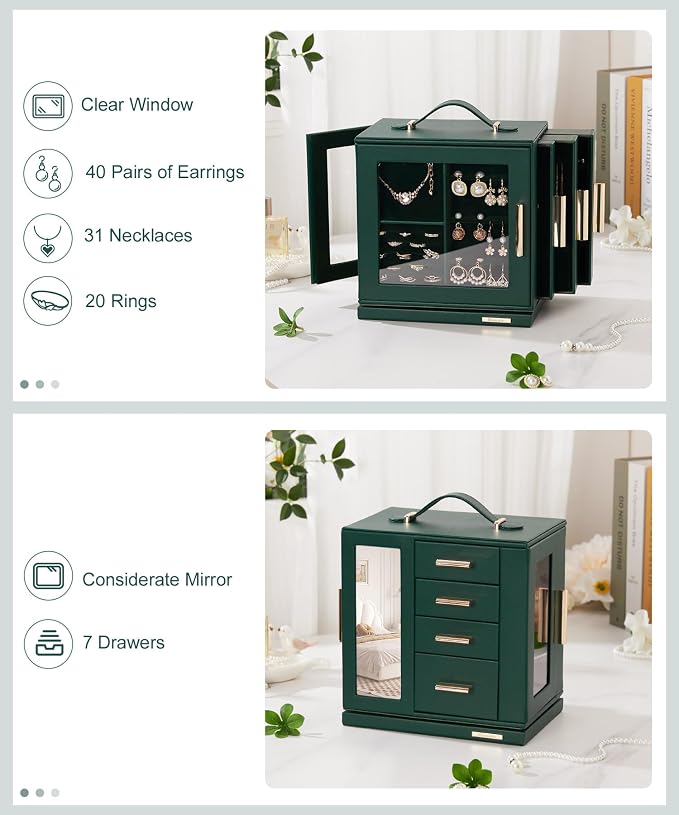 Homde Jewelry Box for Women Large: Rotating Organizer for Ring Earring Necklace Bracelet - 7 Drawers Storage for Dresser (Forest Green) - Image 4