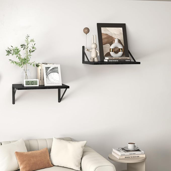 Heimlove Black Deep Floating Shelves for Wall, 16W x 12D Wood Wall Shelves Set of 2, Wide Floating Bookshelf for Living Room, Kitchen, Office, Bedroom and Decor Storage, with Metal Bracket - Black - Image 7