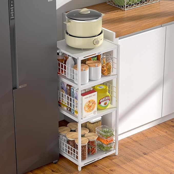 4 Tier Expandable Slim Storage Shelf, Metal Shelving Unit for Bathroom Storage Organizer, Freestanding Narrow Shelf for Small Spaces, Open Floor Shelves for Bathroom, Laundry Room, Kitchen,White - Image 4