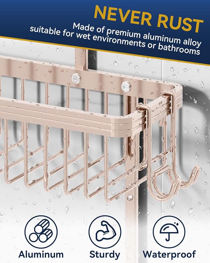 YASONIC Shower Caddy Hanging, Never Rust Shower Organizer Hanging, Aluminum Shower Racks for Inside Shower with Hooks for Razor, Bathroom Organizers and Storage with Soap Holder, Rose Gold - Image 4