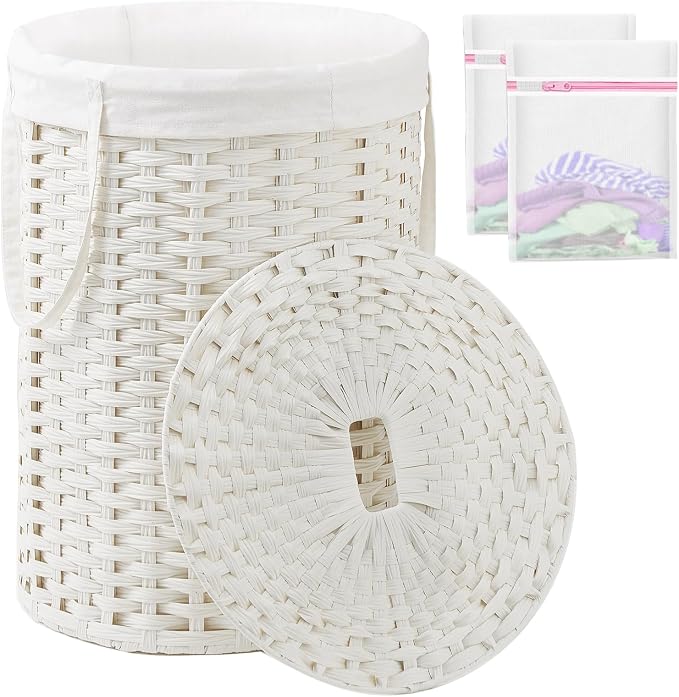 SETVSON Laundry Basket with Lid Round Rattan Laundry Hamper with Lid and Handles 29.1 Gal (110 L) Handwoven Woven Basket with Removable Bags and 2 Mesh Bags for Bathroom Living Room White by SETVSON