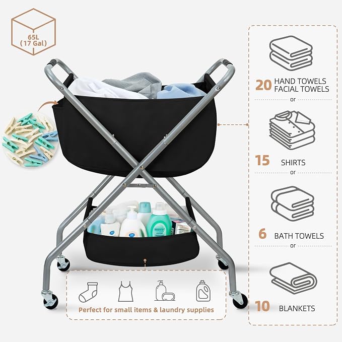 STORAGE MANIAC Collapsible Laundry Cart with Wheels 31.5"H Rolling Laundry Hamper Clothes Basket with Wheels, Canvas Liner Sturdy Steel Frame Folding for Small Narrow Space Easy Storage, Black - Image 4