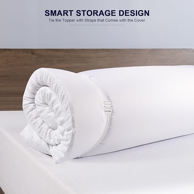 Ferlizer 2 Inch Full Mattress Topper Protector Cover, Oeko-Tex Certified, Bamboo Zippered Cover for Mattress Topper, Adjustable Straps & Anti-Slip Silicone Bottom, Removable & Washable - Cover Only