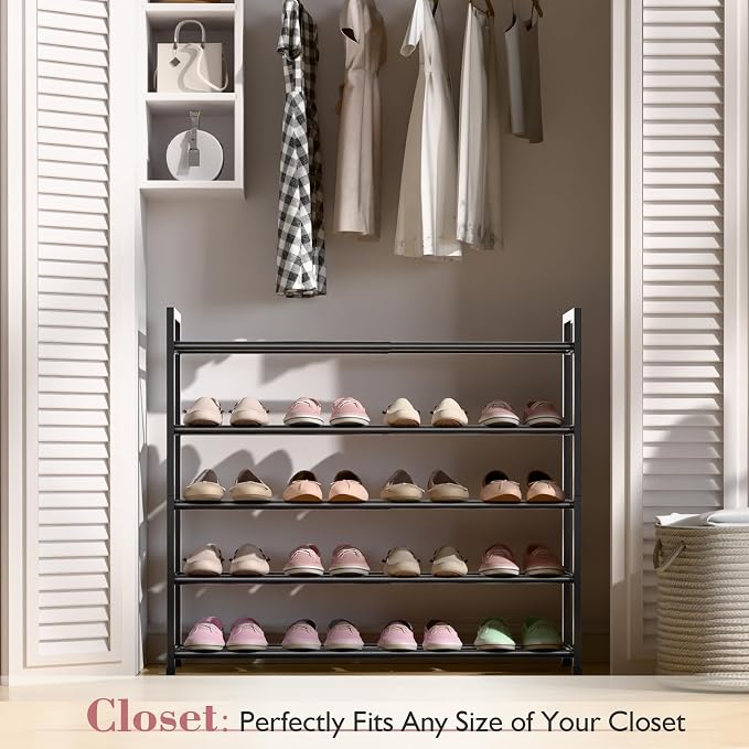 Bumusty 5-Tier Expandable Shoe Rack for Closet, 18“-33” Adjustable Shoe Rack for Small Space, Small Shoe Organizer for Front Door, Sturdy Metal (Black) - Image 2