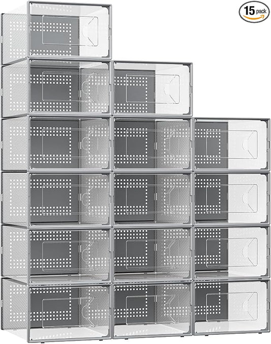 Foluck X-Large Shoe Storage Box, 15 Pack Clear Plastic Stackable Shoe Organizer for Closet, Interlocking Design Shoe Container Bins for Sneakers, Foldable Shoe Rack with Lids, Gray by Foluck