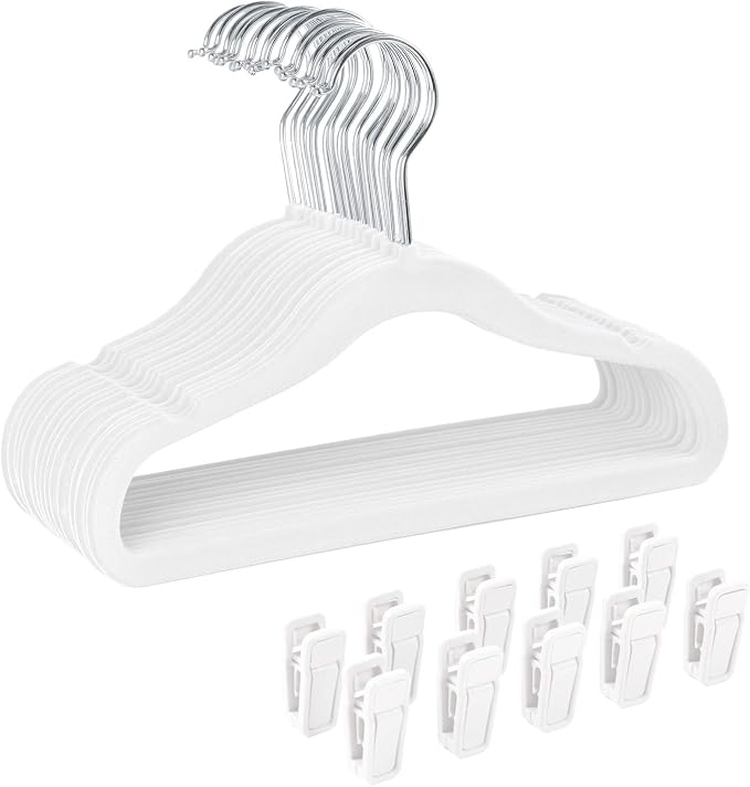 Finnhomy Non-Slip Clothes Hangers for Baby and Kids 30-Pack Velvet Hangers with 10 Finger Clips, White by Finnhomy