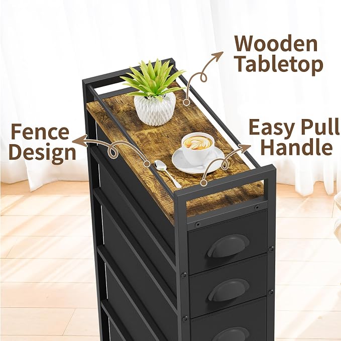 LASZOLA 5 Drawer Narrow Dresser Slim Cabinet Skinny Storage Tower Chest, Ideal for Small Spaces Bathroom, Between Washer and Dryer, Lightweight Mobile on Wheels, Sturdy Fabric Drawers, Black - Image 6