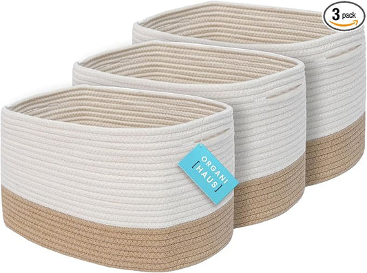 OrganiHaus Rope Baskets for Shelves - Set of 3 Woven Storage Baskets for Organizing, Closet & Toy Storage - Honey/Off-White - 15x9x10 by OrganiHaus