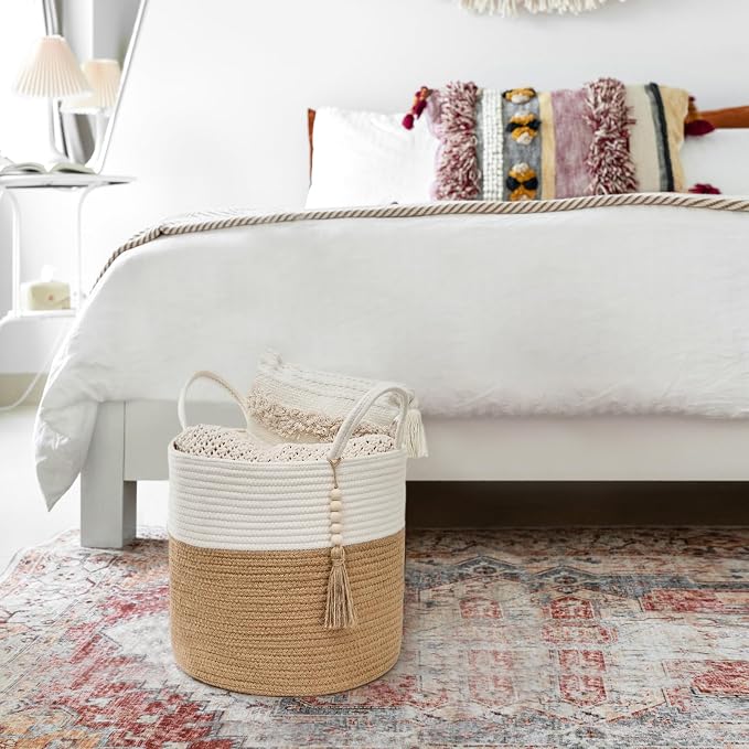 Mkono Woven Storage Basket Decorative Rope Basket Wooden Bead Decoration for Blankets,Toys,Clothes,Shoes,Plant Organizer Bin with Handles Living Room Home Decor, 11" W × 11" L, Cream White and Brown - Image 9