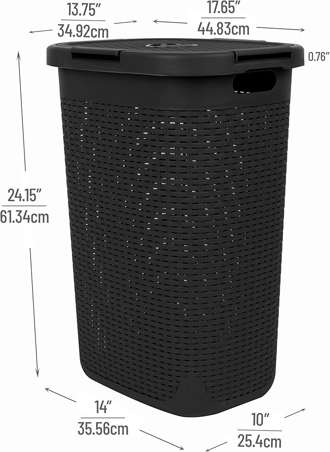 Mind Reader Slim Laundry Hamper with Lid, 60L Tall Clothes Basket, Narrow Tapered Design for Bathrooms, Closets and Laundry Rooms, Plastic, 2 Pack, Black - Image 3