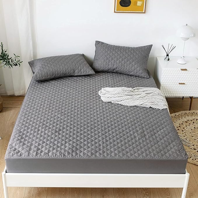 jejeloiu Grey Quilted Mattress Pad, 100% Waterproof Breathable Twin Bedding Fitted Sheet Mattress Protector 14" Deep Pocket Cotton Snow Down Alternative Filling Mattress Cover (Twin,Grey)