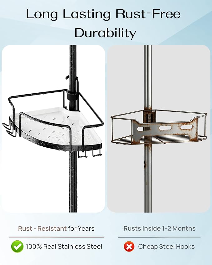 ALLZONE Corner Shower Caddy Tension Pole, 4 Hang-On Basket with Mixed-Height Shelves for Various Bottle Sizes, Extra Hooks & Soap Holder, Rustproof Stainless Steel, Fits 34–116 Inch, Black/White - Image 7