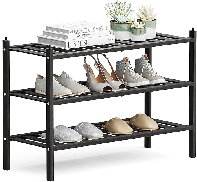 Dranixly Shoe Rack, 3-Tier Bamboo Stackable Shelf Storage Organizer, Stand for Closet, Entryway, Hallway, Bathroom and Living Room（Black） by Dranixly