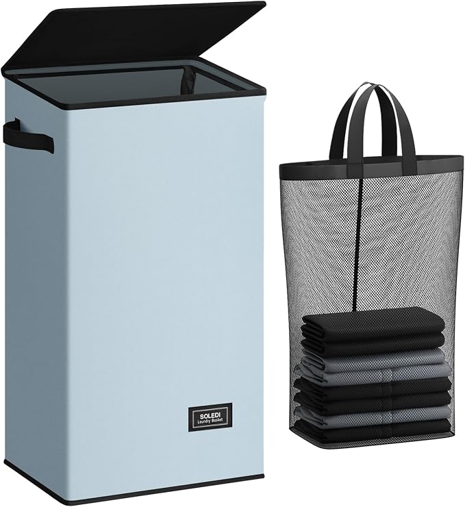 SOLEDI Laundry Hamper with Lid 100L Large & Tall Collapsible Laundry Basket, Clothes Hamper with Bag Removable Easy to Carry, Dirty Hampers for Bedroom, Bathroom, Dorm, College, Blue Grey by SOLEDI