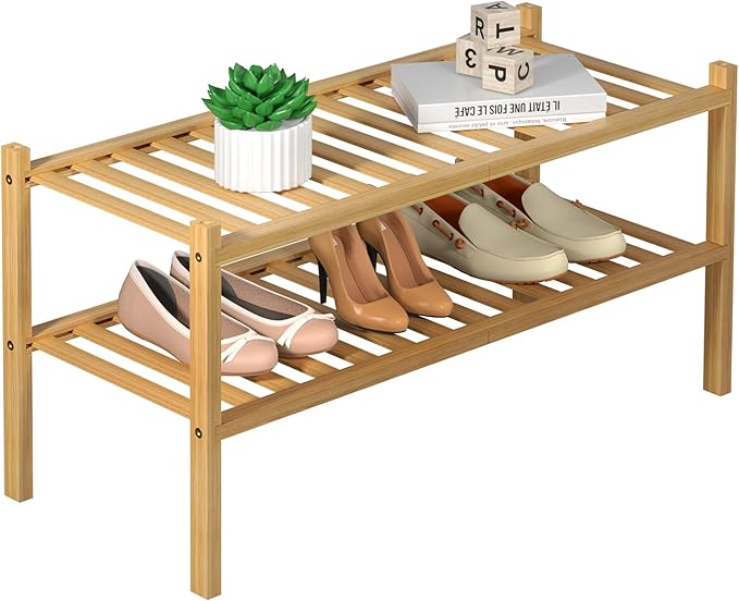 ROMGUAR CRAFT 2 Tier Bamboo Shoe Rack for Closet Free Standing Wood Shoe Shelf for Entryway Small Space Stackable 27"x11"x13" (Natural) by ROMGUAR+CRAFT