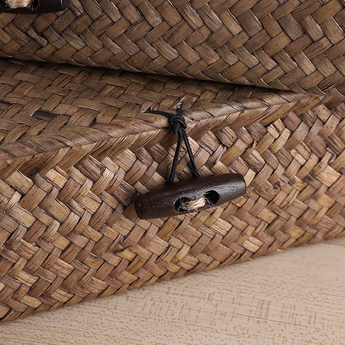 Hipiwe Set of 2 Flat Woven Wicker Storage Bins with Lid Natural Seagrass Basket Multipurpose Home Boxes for Shelf Organizer (Coffee) - Image 3
