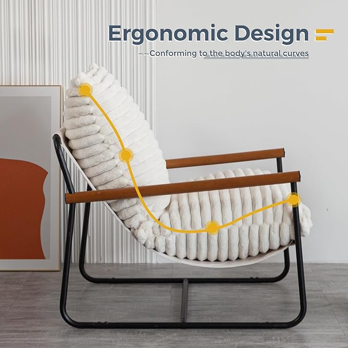 MAXYOYO Accent Chair, Sherpa Arm Chair for Living Room, Mid Century Modern Accent Chairs, Boucle Reading Bedroom Chair, Teddy Armchair, Wooden Arms Metal Frame