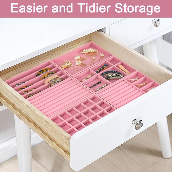 12Pcs Velvet Stackable Jewelry Trays, Jewelry Drawer Organizer, Large Removable Display Jewelry Tray, Necklace Bracelet Storage Box for Earring, Ring, Brooch, Watch (Pink) - Image 6