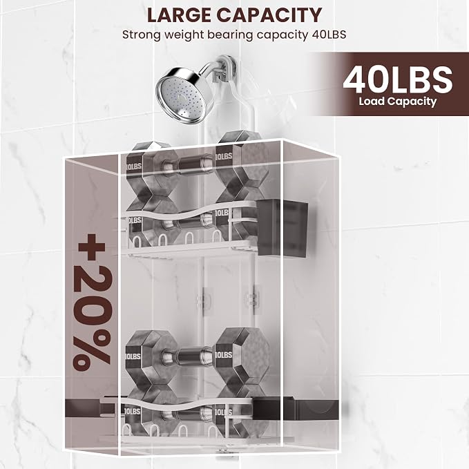 REINHARDT Shower Caddy Hanging, Rustproof Shower Caddy Anti-Swing Shower Organizer No Drilling Showers Racks with Soap Holder Multi Hooks Bathroom Storage for Shampoo Sponge, White - Image 3