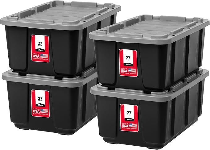 IRIS USA 4-Pack 27 Gallon Storage Bins with Lids |Made in USA| Heavy Duty Plastic Tote Containers for Truckbed Tool Box Organization, Large - Gray by IRISUSA