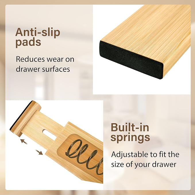 Bamboo Drawer Divider Set of 4, Adjustable Spring-Loaded Drawer Organizer (16.9"-22.2"), 2.3" Height, Suitable for Kitchen, Desk, Bathroom, Clothing, and Miscellaneous Drawer Organization, Natural - Image 3