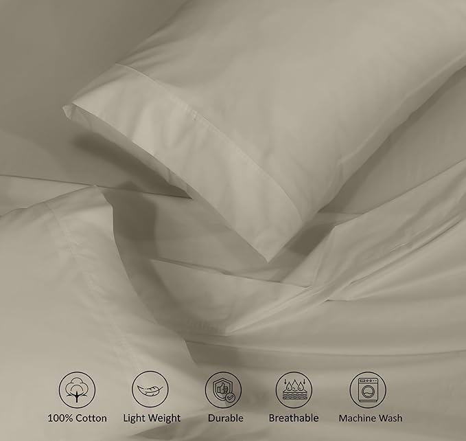 RUVANTI 100% Cotton Sheets – Full Size Percale Bedding, Cooling & Breathable, Durable with a Crisp, Soft & Comfortable Feel, 16" Deep Pocket, 4-Piece Set, Taupe