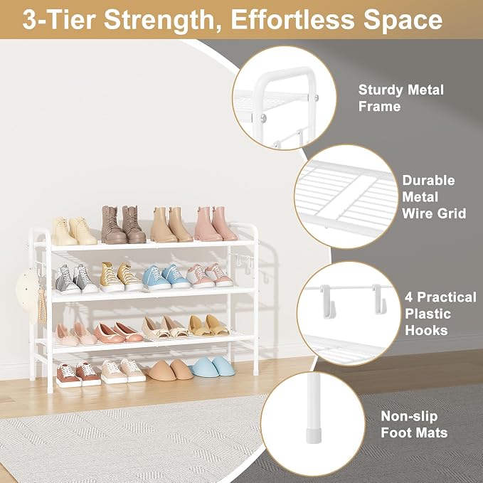 VILICK 3 Tier Shoe Rack 33" Wide Metal Shoe Organizer Long Shoe Storage with 4 Side Hooks Sturdy Shoes Shelf for Front Door Entrance, Closet, Garage, Dorm, White - Image 4