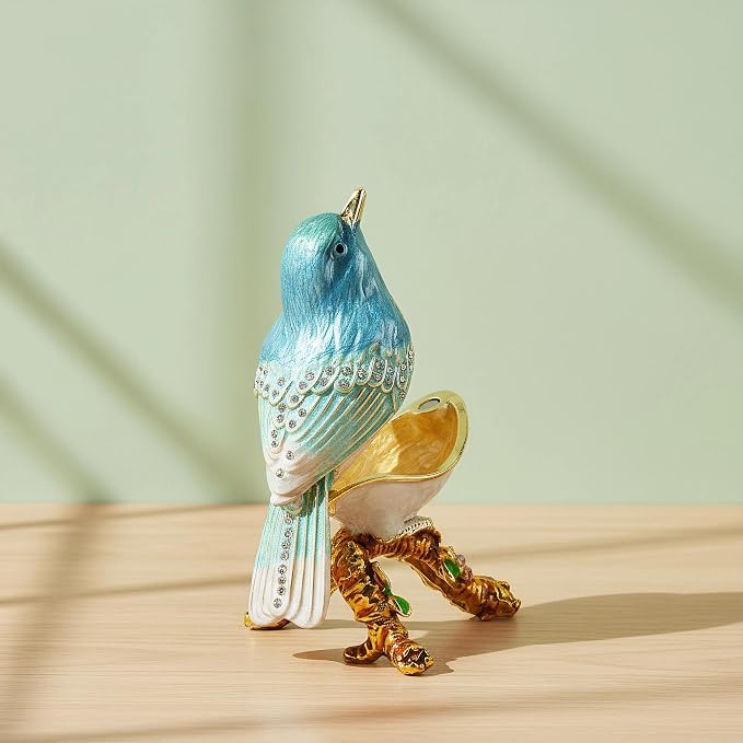 YU FENG Enamel Bird Trinket Box Jewelry Organizer, Hand Painted Decorative Hinged Keepsake Box – Blue Green Perched Bird - Image 4