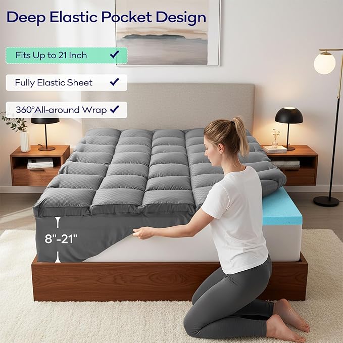 OLANLY Dual-Layer 4 Inch Full Size Memory Foam Mattress Topper for Back Pain, 2 Inch Cooling Pillow Top Mattress Pad Cover and 2 Inch Gel Memory Foam Topper, Deep Elastic Pocket, Grey