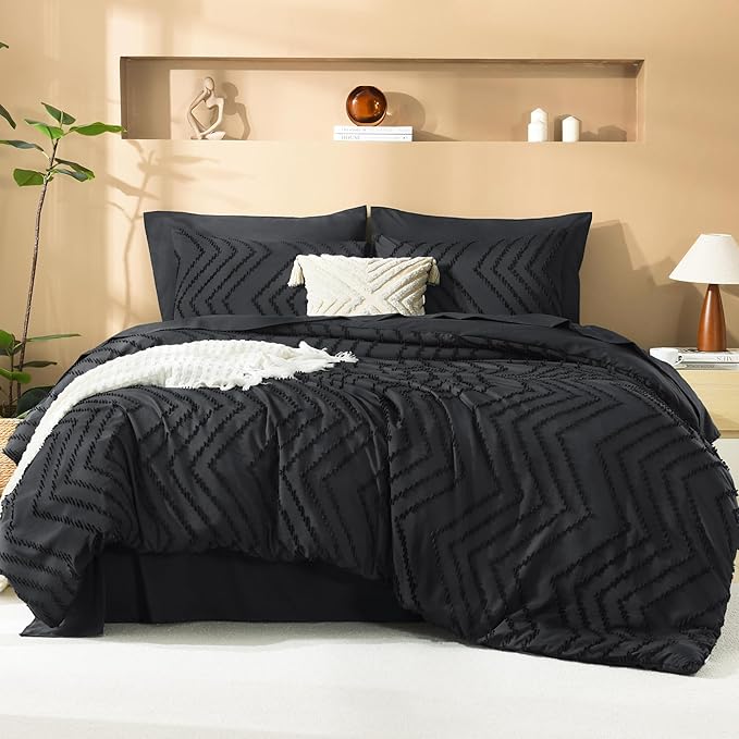 Litanika Super King Size Comforter Set with Sheets Black - 7 Pieces Bed in a Bag Oversized King Boho Tufted Complete Bedding Sets with Comforter, Sheets, Pillowcases & Shams