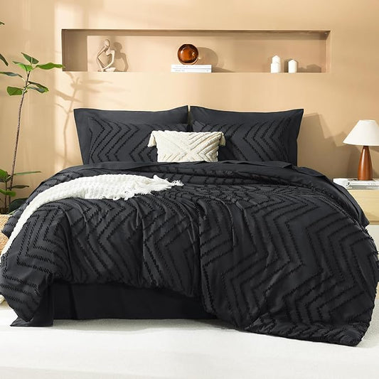 Litanika Super King Size Comforter Set with Sheets Black - 7 Pieces Bed in a Bag Oversized King Boho Tufted Complete Bedding Sets with Comforter, Sheets, Pillowcases & Shams