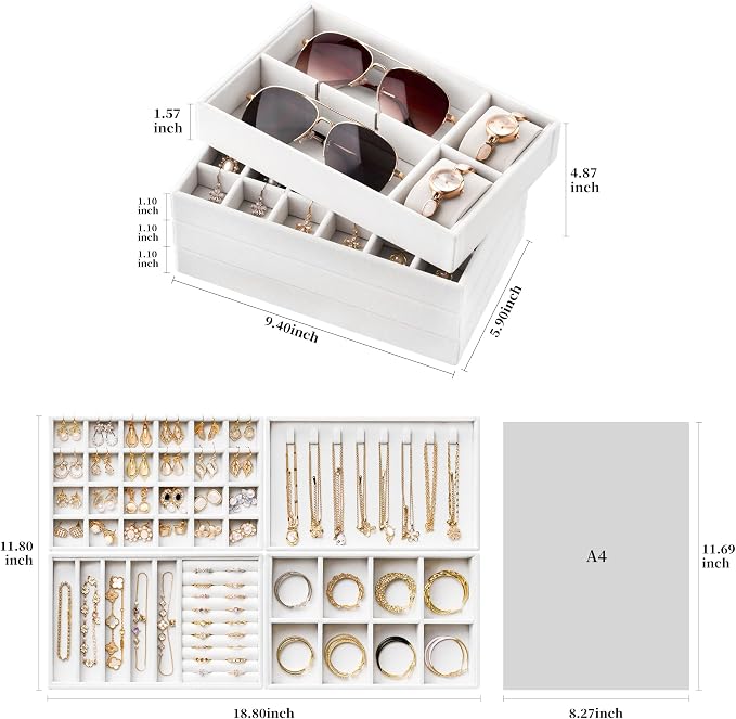 Velvet Jewelry Drawer Organizer Trays – White Stackable Jewelry Storage Inserts Set, 4-Layer Jewelry Tray Set for Earrings, Rings, Necklaces, Bracelets with Removable Dividers for Dresser & Vanity - Image 2