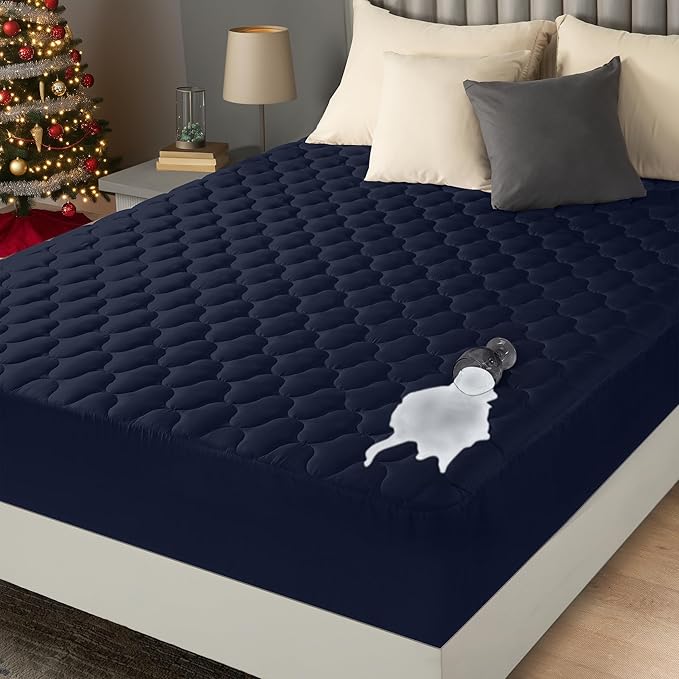 Utopia Bedding Waterproof Mattress Protector, Queen Mattress Pad, Noiseless Quilted Fitted Cover with Deep Pocket Stretches up to 16 Inches (Navy)