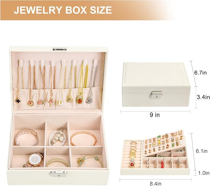 Jewelry Box Organizer for Women Girls 2 Layer Leather Travel Jewelry Storage Case with Lock and Removable Tray for Necklace Earrings Rings Bracelets Gift, Come with Polishing Cloth and Jewelry Bags - Image 6