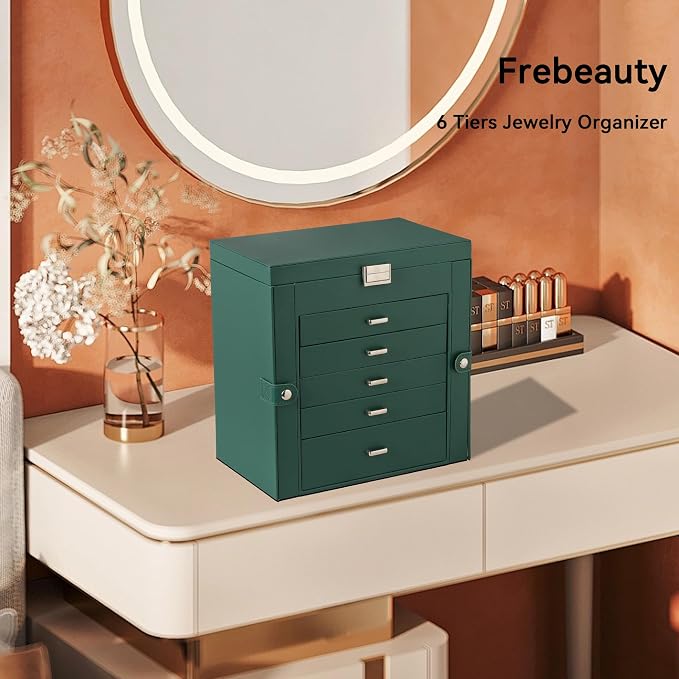 Frebeauty Large Jewelry Box,6-Tier PU Leather Jewelry Organizer,Multi-functional Storage Case with Mirror,Accessories Holder with 5 Drawers for Necklace Bracelets Watches(Blackish Green) - Image 2