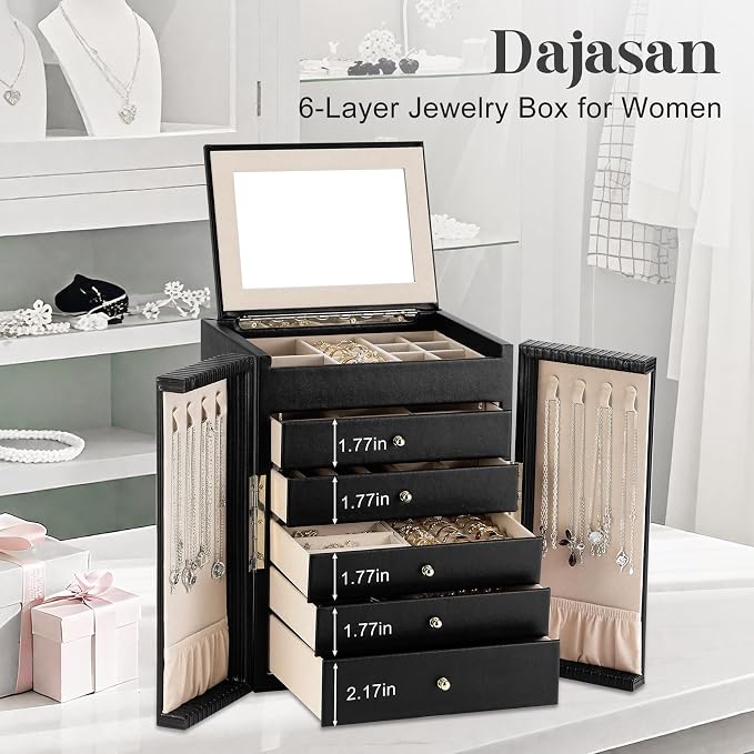 Dajasan Large Jewelry Organizer Box with 5 Drawers, Jewelry Box for Women, 6-Tier Jewelry Storage Organizer with Mirror for Necklace Ring Bracelet Watch, Gift Idea (Black) - Image 7