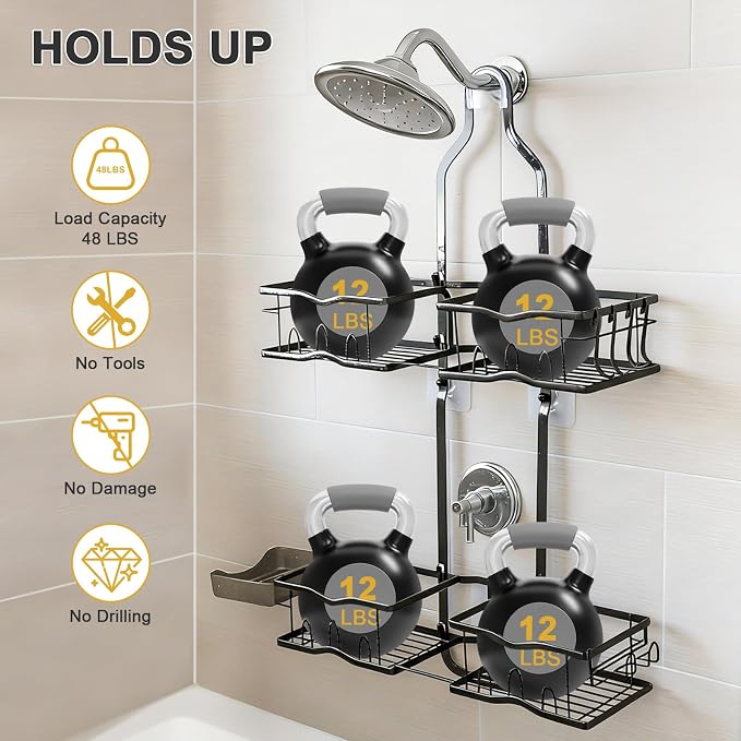 Shower Caddy Hanging Organizer, Rustproof Over Shower Head Caddy Holder with Hooks for Razor/Sponge, No Drilling Bathroom Racks Bath Storage Shelves for Shampoo Soap Towels, Black - Image 3