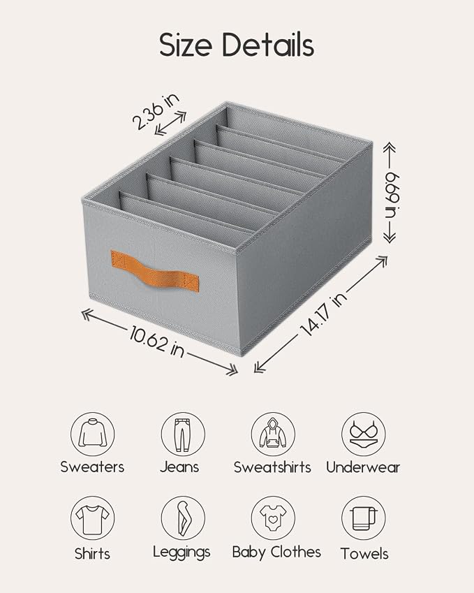 Homsorout Closet Organizers and Storage - Fabric Clothes Organizer with Handles, Foldable Jeans Organizer for Clothes, Drawer Organizer for Shirts, Bra, Sweater, Scarf, 8 Pack, Grey - Image 6
